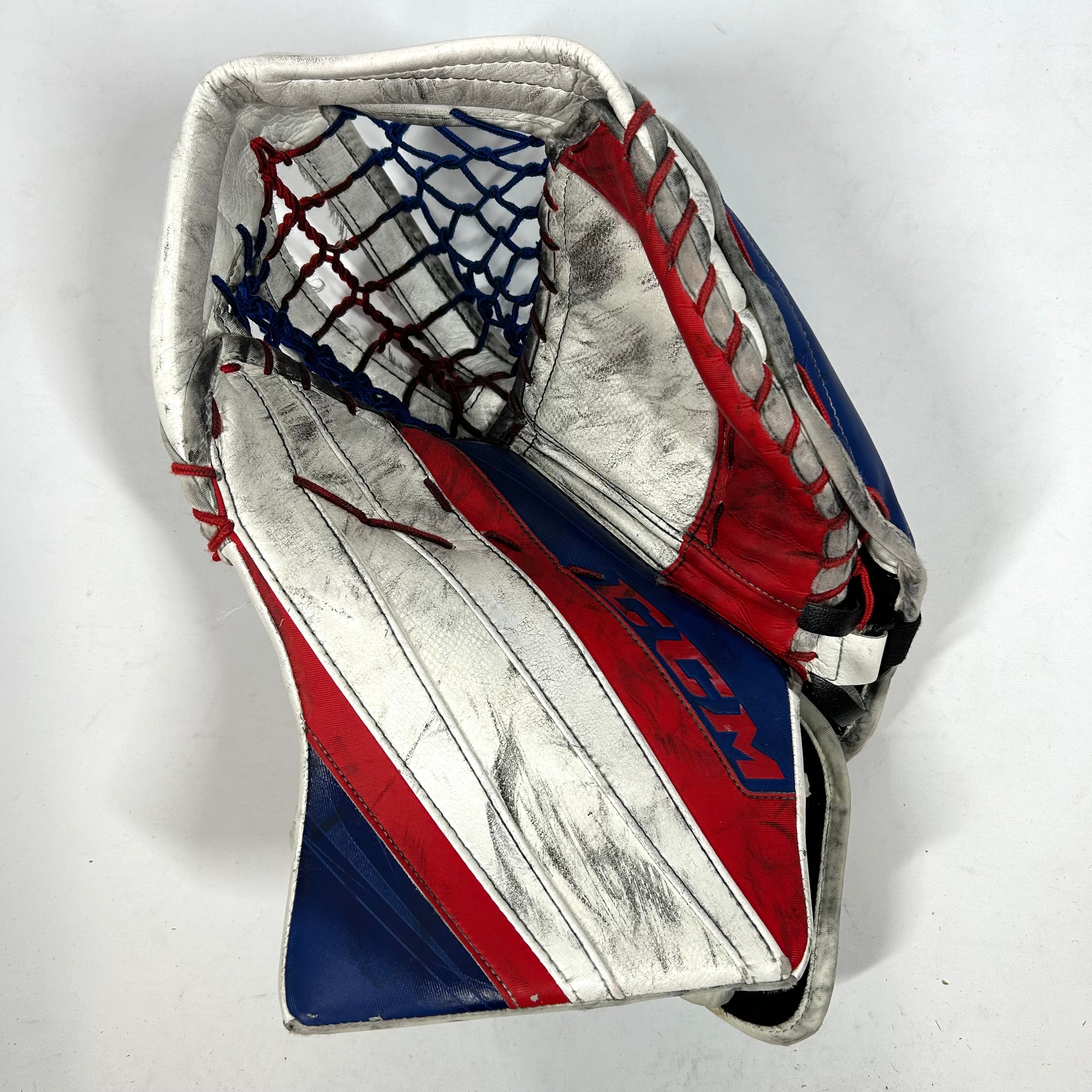 CCM Extreme Flex 5 - Gant de gardien de but Pro Stock d'occasion (bleu/rouge/blanc)